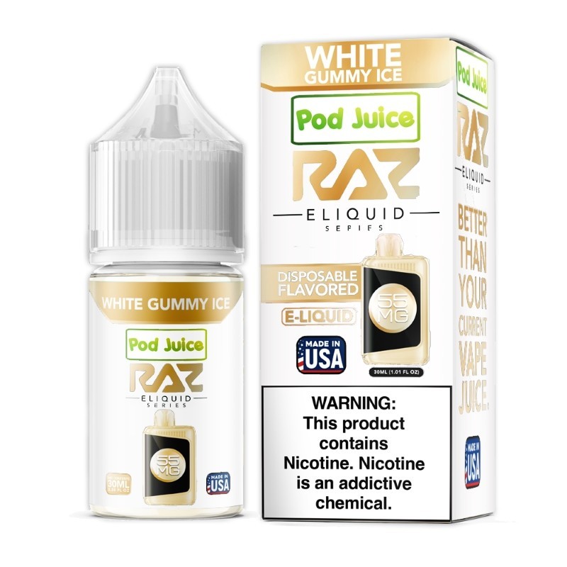 white gummy ice pod juice raz disposable collab nic salt