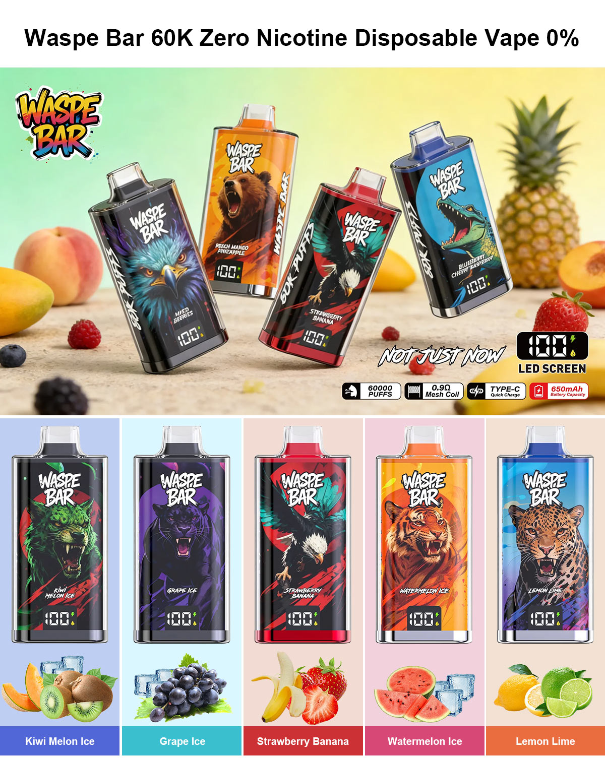zero bar vape flavors Waspe 60K 60000 Puffs Nicotine Disposable 0% Flavor:Orange Pineapple Punch How to Charge Alto badge1_ Hot