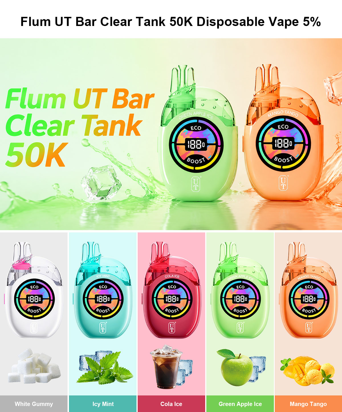 ut vapes flavors Flum Bar Clear Tank 50K 50000 Puffs Disposable Vape 5% Refreshing Menthol Vape Color:White California Honey e zigarette hqd HQD